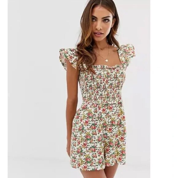 Asos Ruffle Smock Bust Small Floral Print Romper - Picture 1 of 10